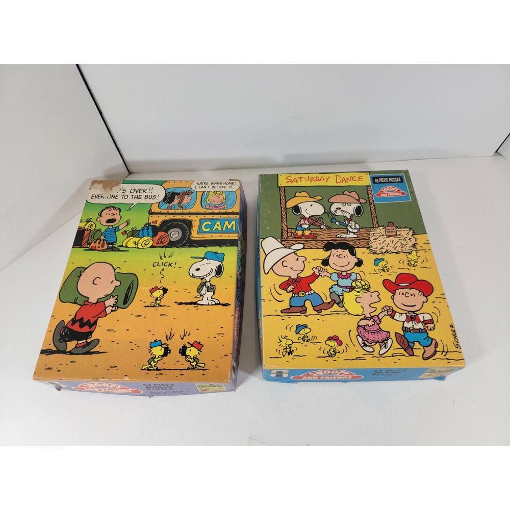 Lot of 2 Snoopy and Friends Vintage 63pc Puzzles Complete Crafting Hang Decor